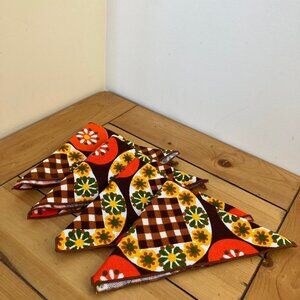 Flower Power Napkin Set of 4 Retro Floral Print Vintage Brown & Orange 10.5"
